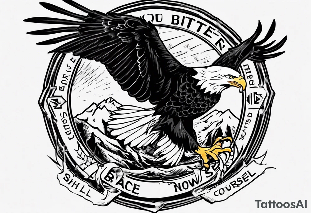 swooping bald eagle
, with the words "you shall prove yourself in the bitter end" along the top and on the bottom the words "but for now, brace yourself." tattoo idea