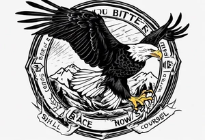 swooping bald eagle
, with the words "you shall prove yourself in the bitter end" along the top and on the bottom the words "but for now, brace yourself." tattoo idea