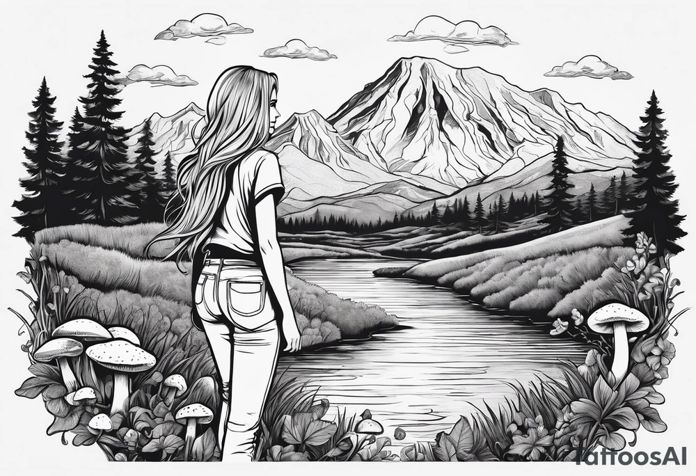 Straight long blonde hair hippie girl in distance holding mushrooms in hand facing away toward mountains and creek surrounded by mushrooms tee shirt and hiking pants tattoo idea