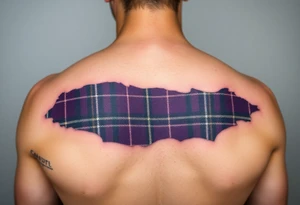 Dark Purple tartan fabric on shoulder with skin ripping back to reveal tartan underneath tattoo idea