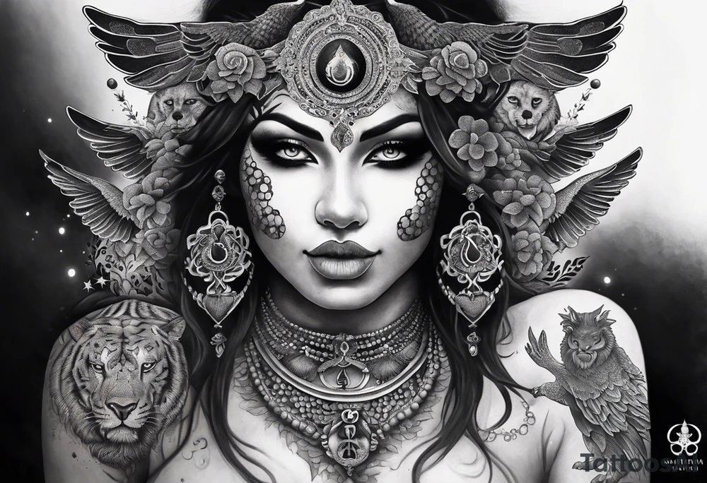 black kali, goddess pirate, alien, angel, pachamama, valkrye, warrior, flying, skull, lotus azul, wing, eagle, zenza resonance, stars, 5D, anahata chakra, death, durga, riding on a tiger, flying lady, kundalini, chest tatoo, samuri, rebel, serpent tattoo idea