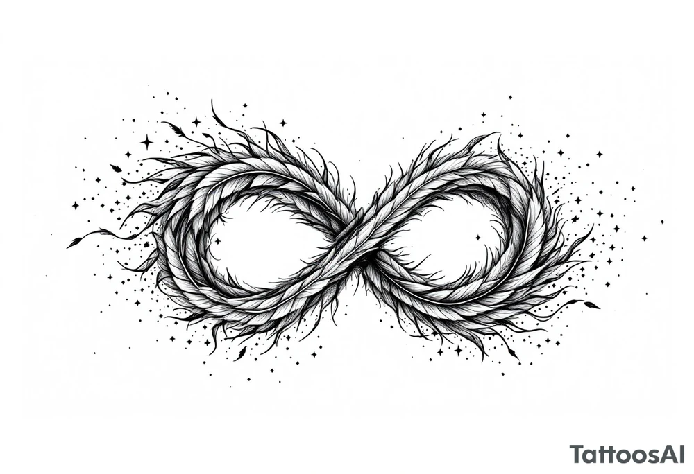 infinity symbol woven with floating feathers and stardust tattoo idea