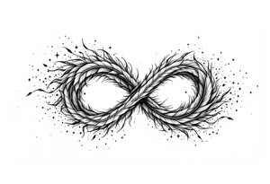 infinity symbol woven with floating feathers and stardust tattoo idea