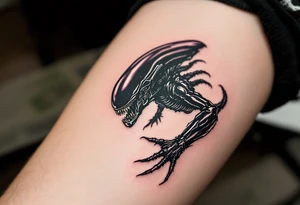 A realistic Xenomorph in mid-pounce, its glossy black body and sharp claws contrasted with subtle, deep purple highlights under the moonlight. tattoo idea