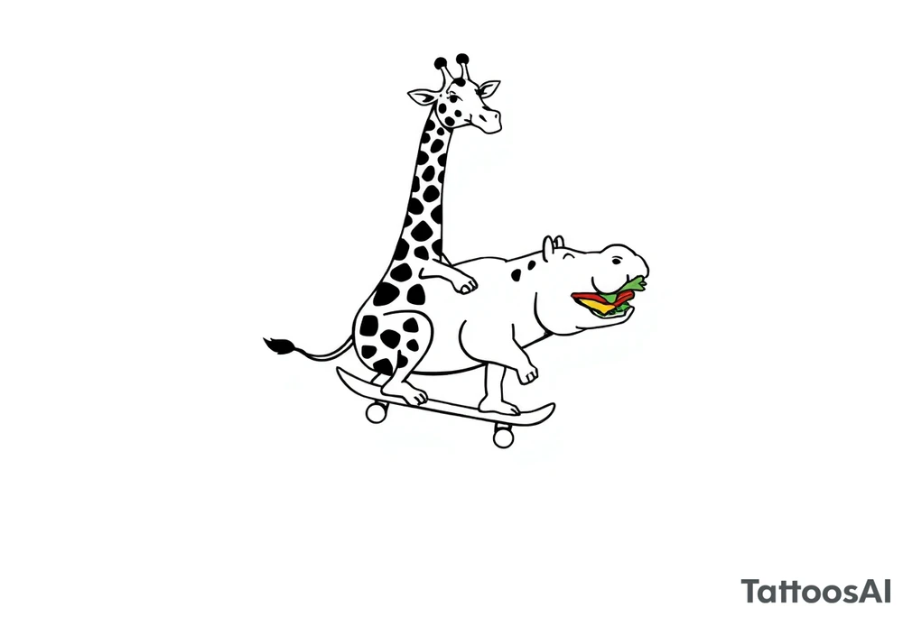 Majestic giraffe riding a skateboard and eating a hippo sandwich tattoo idea