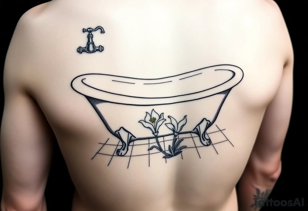 clawfoot bathtub with simple faucet and lily coming up out of the tile floor tattoo idea