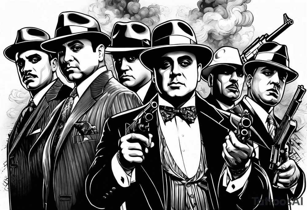group of gangsters including Al Capone with machine guns surrounded by smoke and fire tattoo idea
