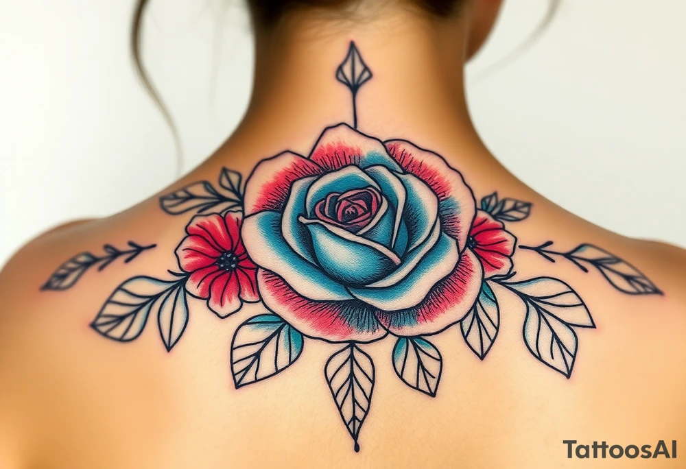 aquamarine color and rose color surrounded by lt. siam color tattoo idea