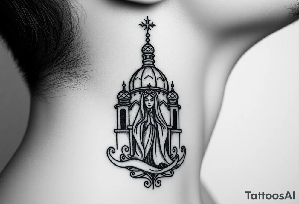 Flowing Scene

A single onion dome rising up toward the ear
Virgin Mary in prayer pose wrapping around the lower neck curve
A small eagle or just the star tucked above the dome near the hairline tattoo idea