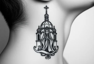 Flowing Scene

A single onion dome rising up toward the ear
Virgin Mary in prayer pose wrapping around the lower neck curve
A small eagle or just the star tucked above the dome near the hairline tattoo idea