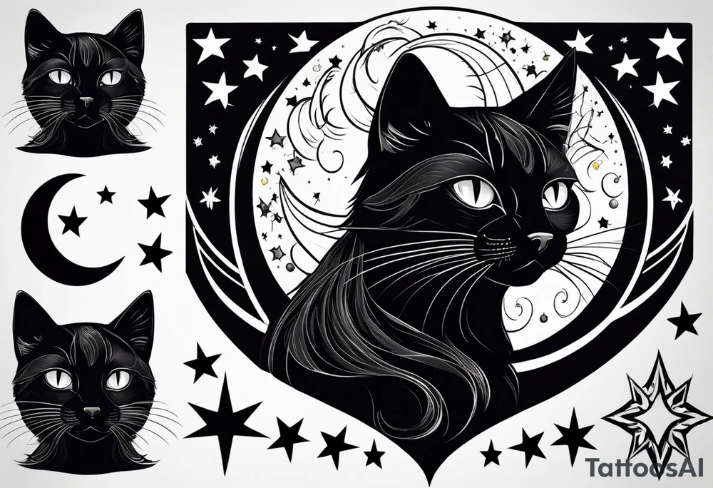 Photo realistic black cat head with moon and stars tattoo idea