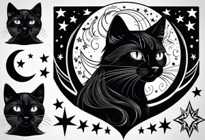 Photo realistic black cat head with moon and stars tattoo idea