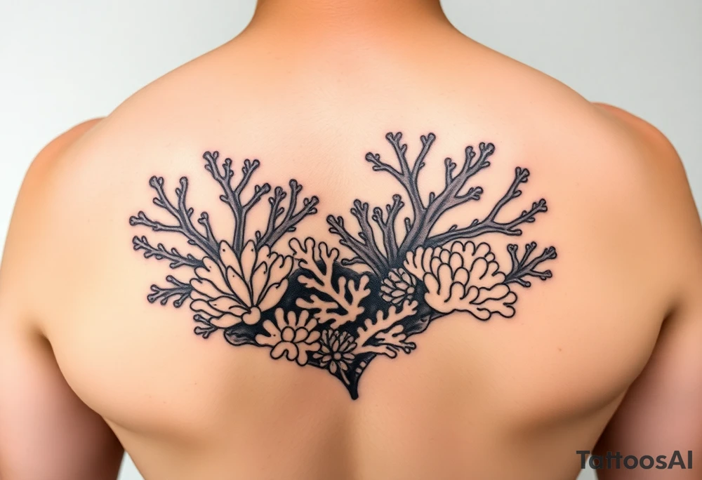 Tribal style tattoo of coral reef, black on skin only. It must be prominent that the design is tribally inspired. The design should be symmetrical. There miust be variation in the types of coral. The design should fit on a calf tattoo idea