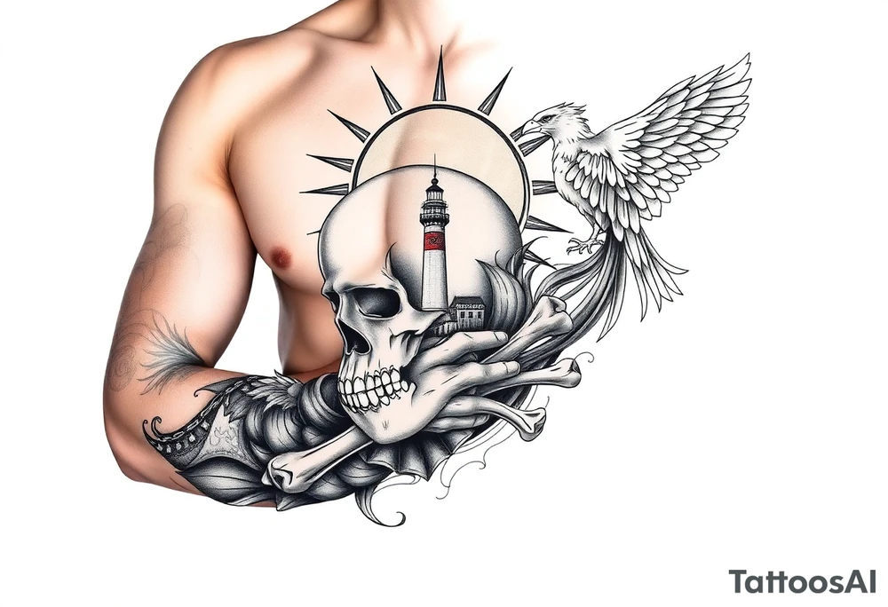 Skull and crossbones, sun, phoenix, light house. tattoo idea