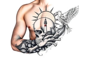 Skull and crossbones, sun, phoenix, light house. tattoo idea