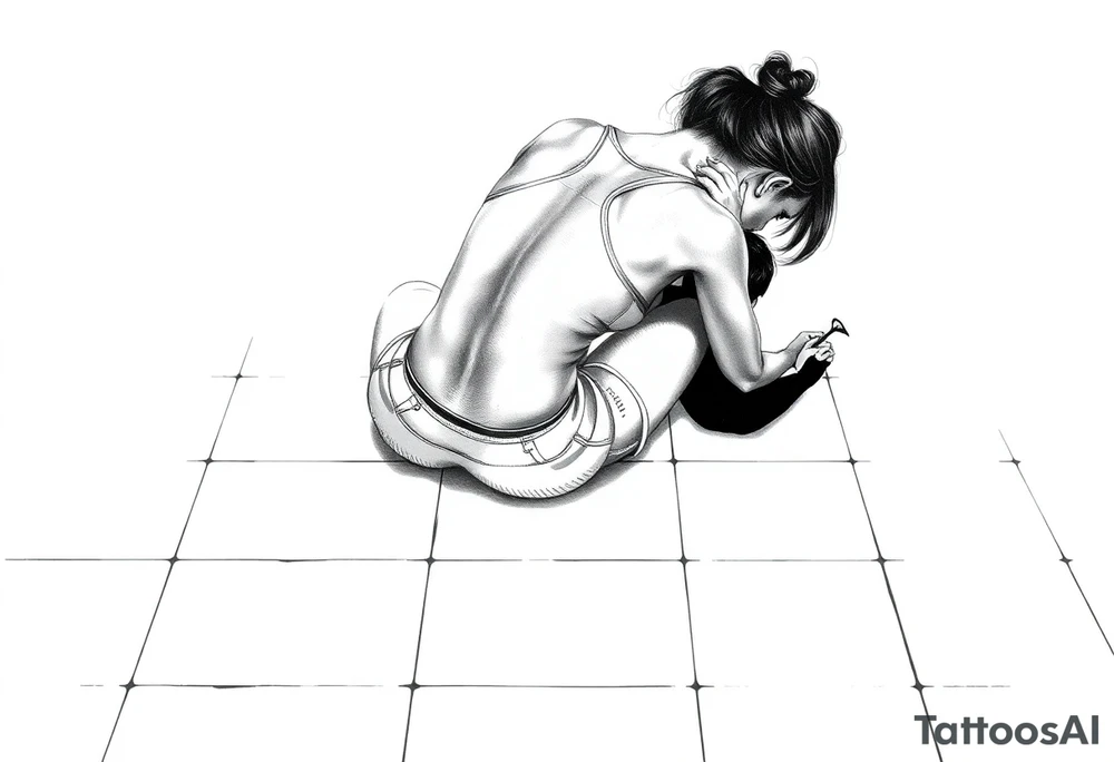 a tile floor with a realistic silhouette of the back of a thin woman sitting curled on the tile floor and a black silhouette of a young child sitting next to her with a lily next to them on the floor. The woman is wearing a Racerback tank top, running shorts, has dark hair pulled up high, and her head is down. tattoo idea