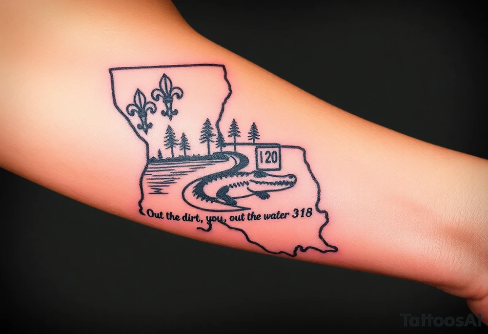 Louisiana state outline with fleur-de-lis, a bayou with a gator and trees , the 318 area code and and quote that says  Out the dirt, out the water, straight from 318 , a sign that says I- 20 tattoo idea
