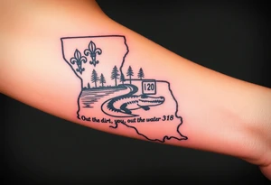 Louisiana state outline with fleur-de-lis, a bayou with a gator and trees , the 318 area code and and quote that says  Out the dirt, out the water, straight from 318 , a sign that says I- 20 tattoo idea