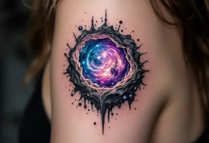 A planet bursting through the skin, appearing in glowing neon blue, deep purple, and swirling silver, as if revealing another dimension. tattoo idea