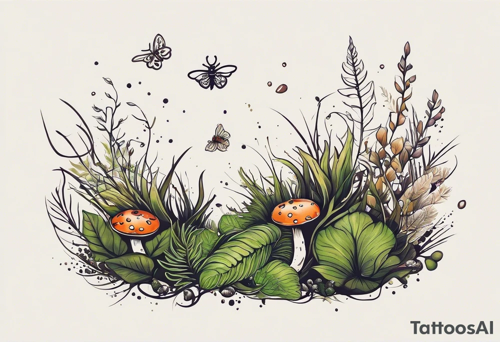 minimalistic forest floor inspired tattoo, which includes grass, moss, curly ferns and dead leaves as the bulk of the tattoo. details to include: forest berries, couple of very small brown mushrooms, a tiny bumblebee flying nearby tattoo idea