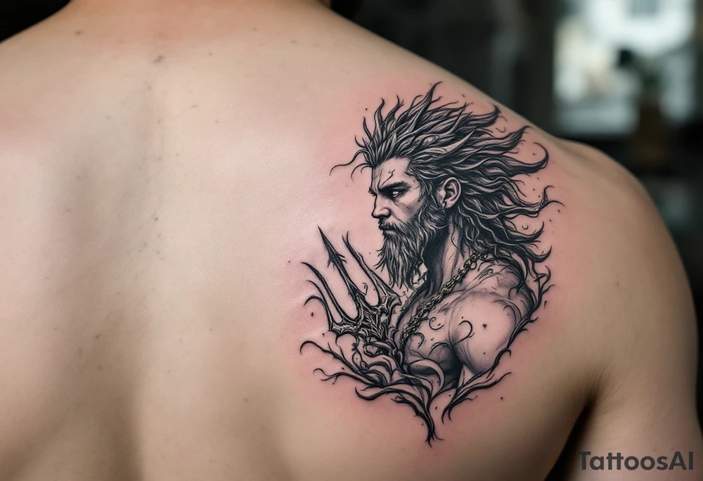 young poseidon, with trident, looking at the horizon tattoo idea