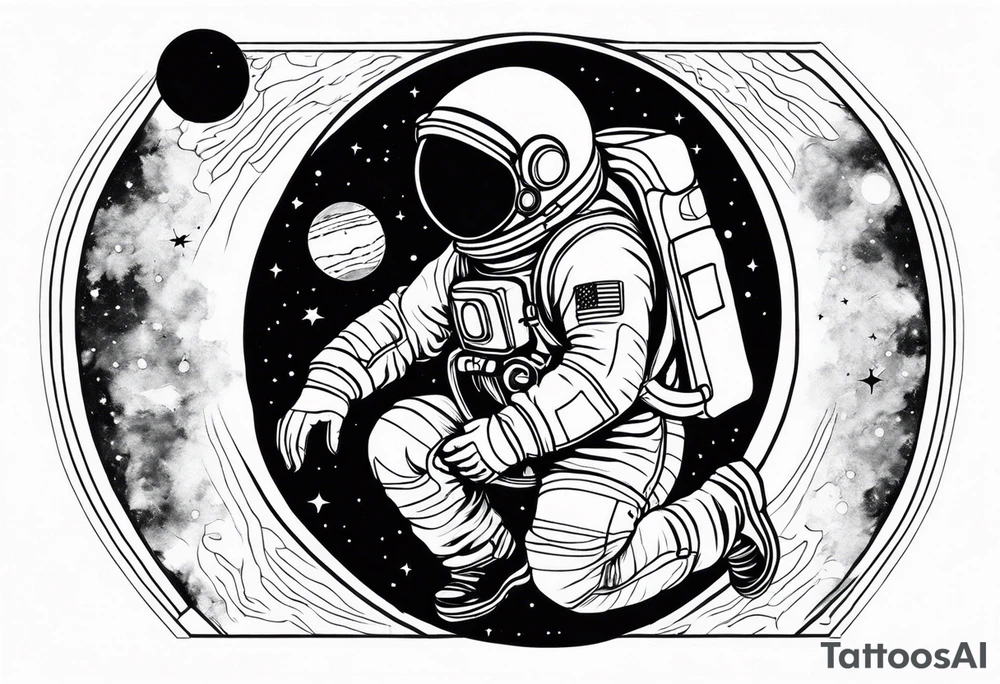 an astronaut hunched over in space from the back holding a planet in his hands tattoo idea