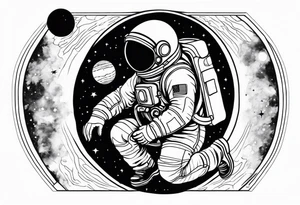 an astronaut hunched over in space from the back holding a planet in his hands tattoo idea
