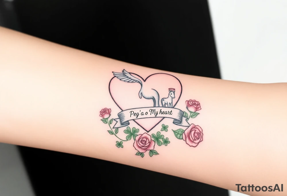 a big pale pink heart and a mare with wings and a halo and a colt in a field of green shamrocks, and red roses with a banner across the heart that says Peg 'o My Heart tattoo idea