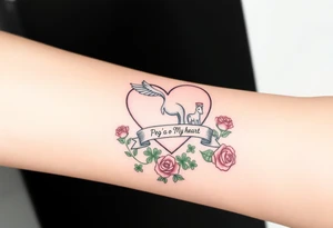 a big pale pink heart and a mare with wings and a halo and a colt in a field of green shamrocks, and red roses with a banner across the heart that says Peg 'o My Heart tattoo idea
