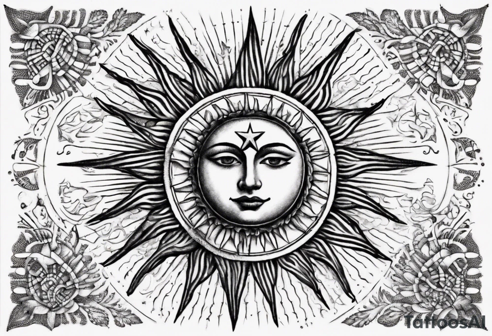 sun from the argentinian flag, detailed, dotwork, tattoo sketch, award-winning elegant dotwork tattoo design, stunning, black and white, high resolution, white background tattoo idea