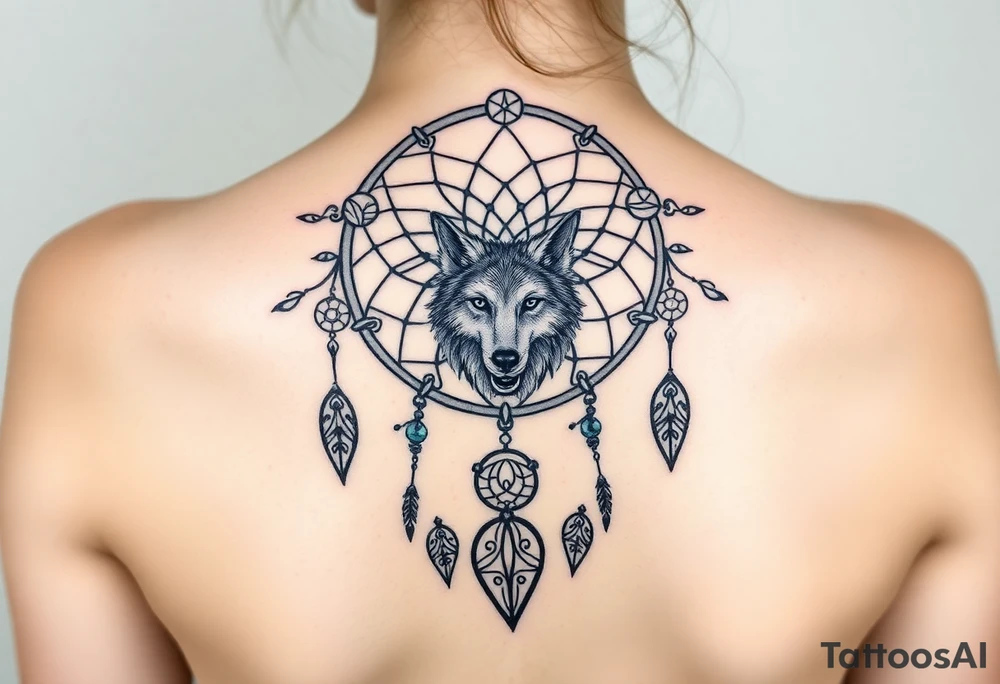 Dreamcatcher with zodiac symbols and protection runes caught in it with wolf teal tattoo idea