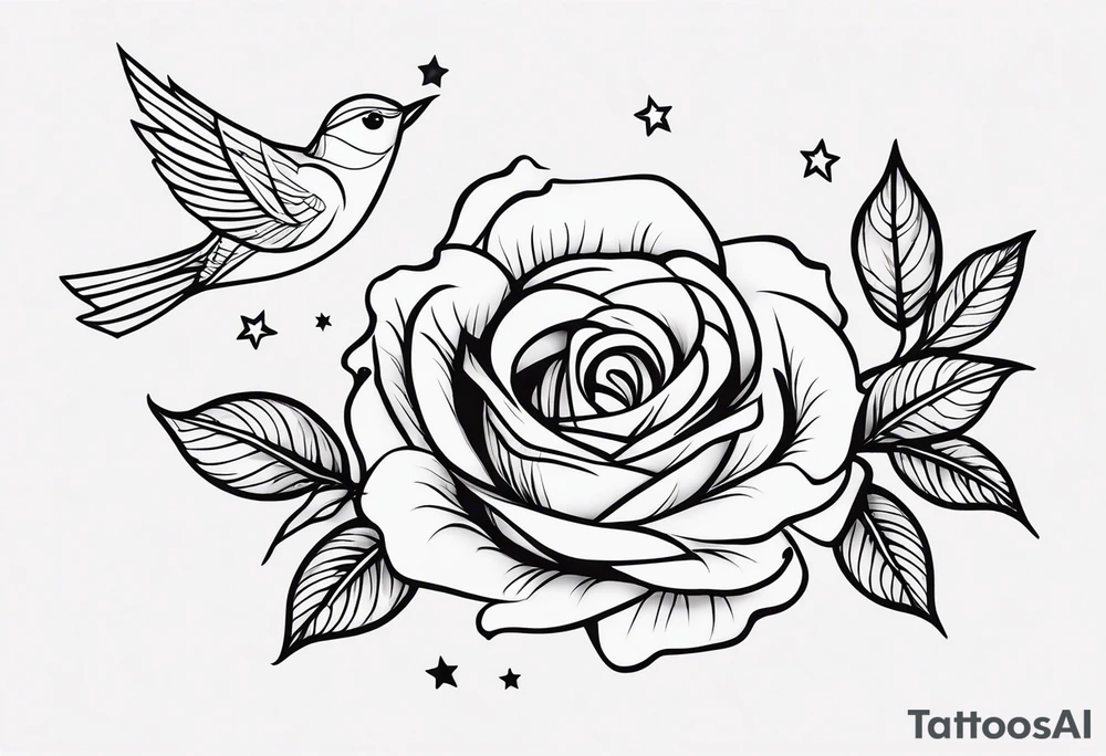 simple lines. minimalist. a rose, no thorns, a few leaves along the stem. three delicate birds flying around the rose. but simple traces of birds seen from a distance and five small stars around them. Small arm tattoo for a delicate woman. tattoo idea
