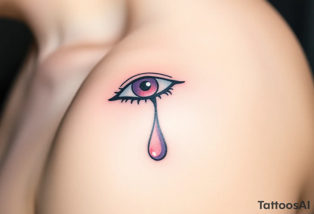 A teardrop falling from a closed eye, with soft pink and lavender tones, symbolizing vulnerability and emotional depth tattoo idea