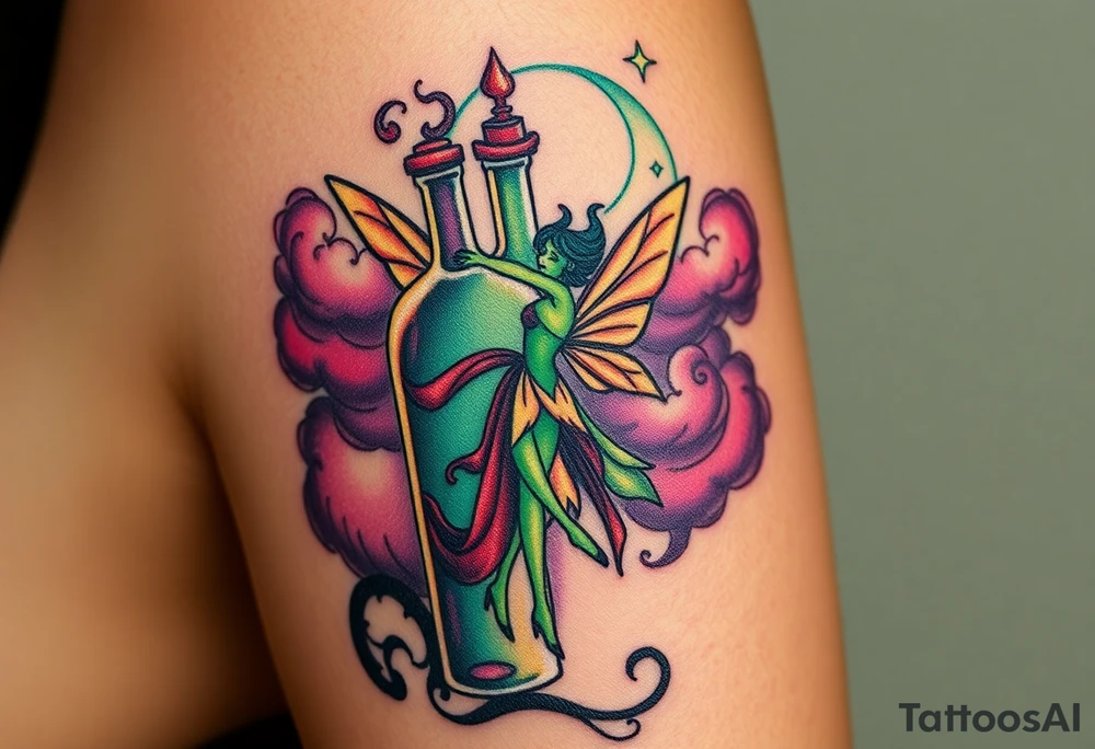 Tim Burton’s pin up style Vintage Parisian elegant and hauntingly beautiful yet eerie full body absinthe Green Fairy dances outside her victorian crystal decatur she was once inside this elaborate ornate bottle absinthe bottle Absinthe Art Nouveau   and dripping with muted reds, dusty pinks, and eerie green glow.purple and cyan smokey clouds swirl in the crescent moonlit sky thats sprinkled with stars tattoo idea