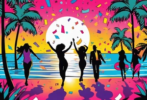 1980's miami vice style beach dance 
party, include confetti, music notes, boom box, SILHOUETTE bikinis sunset in the center tattoo idea