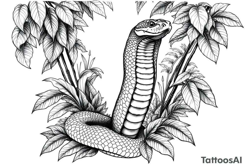Upright cobra emerging from dense jungle foliage, detailed scales. tattoo idea