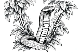 Upright cobra emerging from dense jungle foliage, detailed scales. tattoo idea