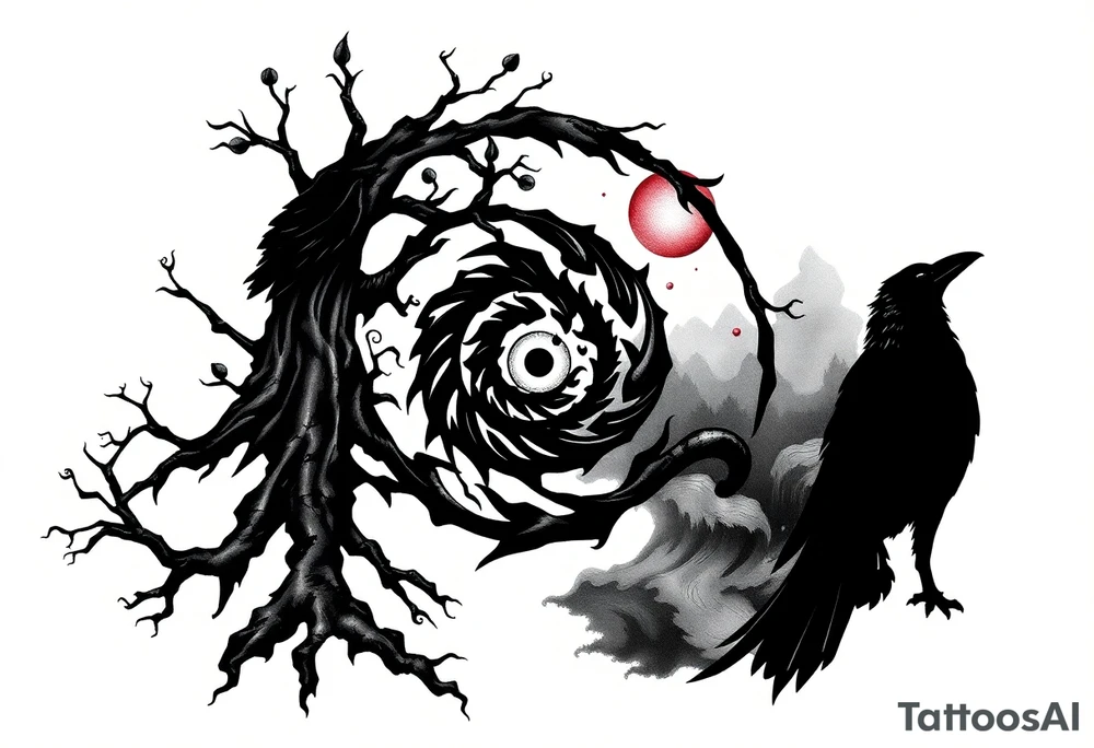 Tattoo design combining a black spiral, nature elements like roots, vines, fog, and flowing water, mythological symbols like Norse runes, a raven, and a shadowy wolf spirit. Include anime elements from Naruto and One Piece: Sharingan eye, chakra flames, Itachi silhouette, Kurama, Luffy in Gear 5, and Zoro’s swords. Style should be black and grey with red highlights, mystical, powerful, and artistic – blending nature, mythology, and anime tattoo idea