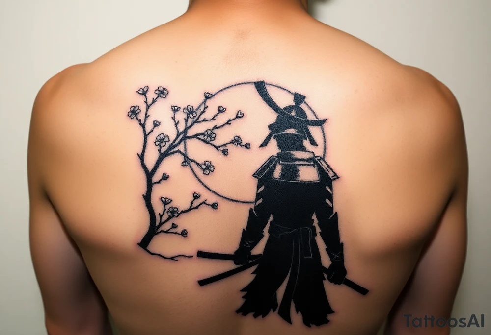 noble samurai warrior silhouette at sunset with cherry blossoms tattoo idea