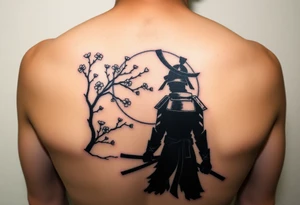 noble samurai warrior silhouette at sunset with cherry blossoms tattoo idea