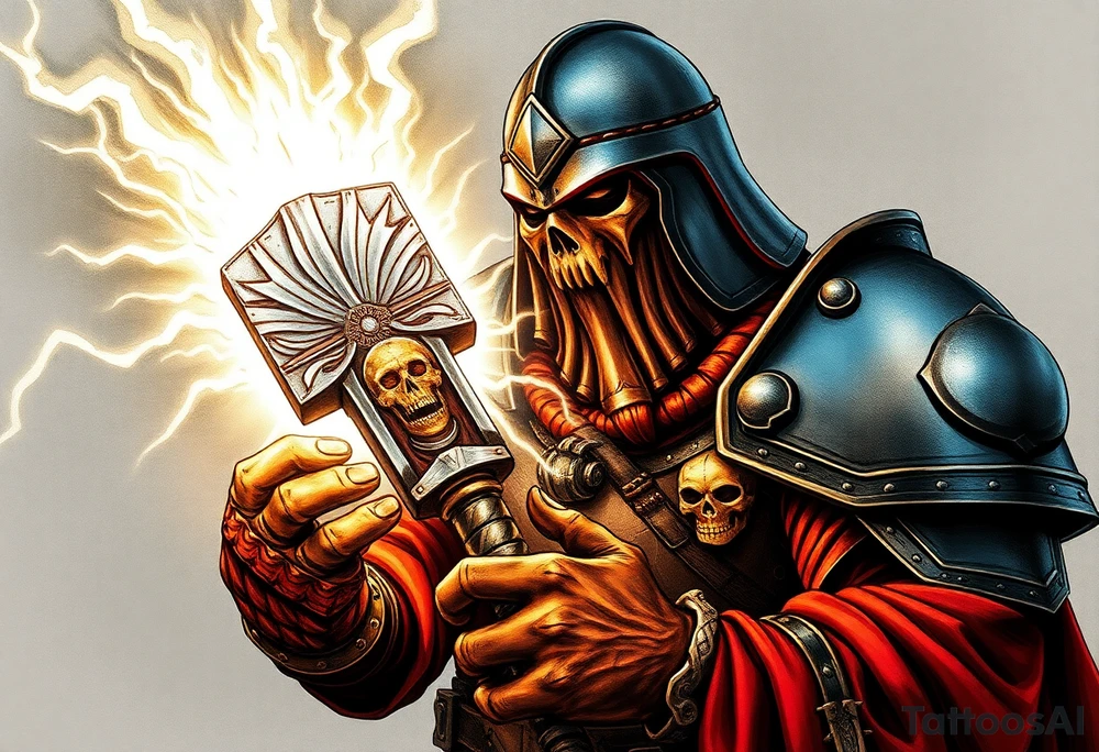 Warhammer, the Old World. A warrior priest of Sigmar holding The Warhammer of Sigmar. The Warhammer of Sigmar is radiating thunderous energy. The Warhammer is held by the warrior priest with both hands at the shaft with a firm grip in order to contain its unlimited energy, upon his chest level. The Warrior priest is wearing dark alloyed heavy armour (reference armor from warhammer vermintide 2 Victor Saltzpyres, the warrior priest of Sigmar class) with skull sigils on his shoulder pads. The warrior priest is wearing a helmet, while the helmets front visor has an humanoid face covering. The helmet and armour are gladened with hints of gold and crimson red. The Warhammer is silverish and golden with a long shaft with twisted carvings. tattoo idea