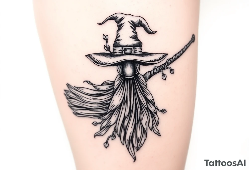 Which is broom with handle
 a witches hat with vines and feathers 
Smaller broom with hat placed on top or in the middle
Feminine and on a leg tattoo idea