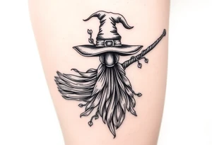 Which is broom with handle
 a witches hat with vines and feathers 
Smaller broom with hat placed on top or in the middle
Feminine and on a leg tattoo idea