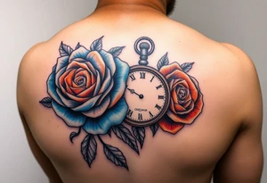 2 Blue and orange roses with a clock on the thigh that’s says Prince, Christopher, Mckyiah, Christopher Sr tattoo idea