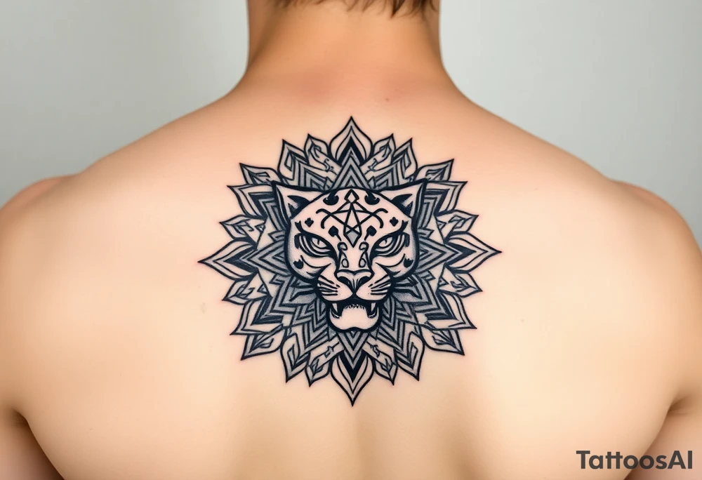 intricate mandala with a sacred panther with geometry and cosmic tattoo idea