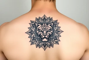 intricate mandala with a sacred panther with geometry and cosmic tattoo idea