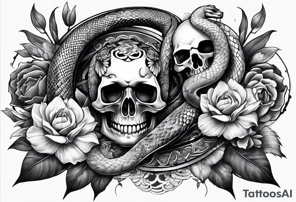 sleeve tattoo with a snake, gun, skull and Japanese designs, no flowers tattoo idea