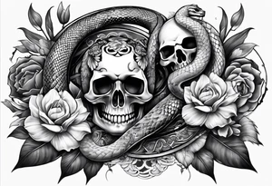 sleeve tattoo with a snake, gun, skull and Japanese designs, no flowers tattoo idea