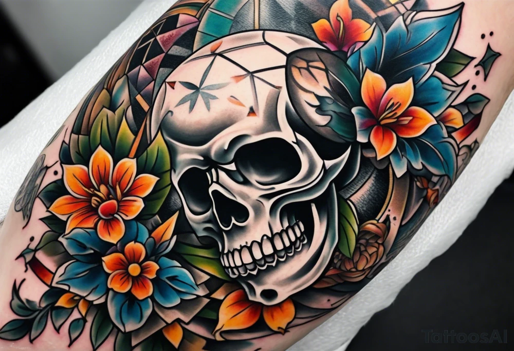 Old school center Knee tattoo with realistic skull, various flowers, water and fall colors tattoo idea