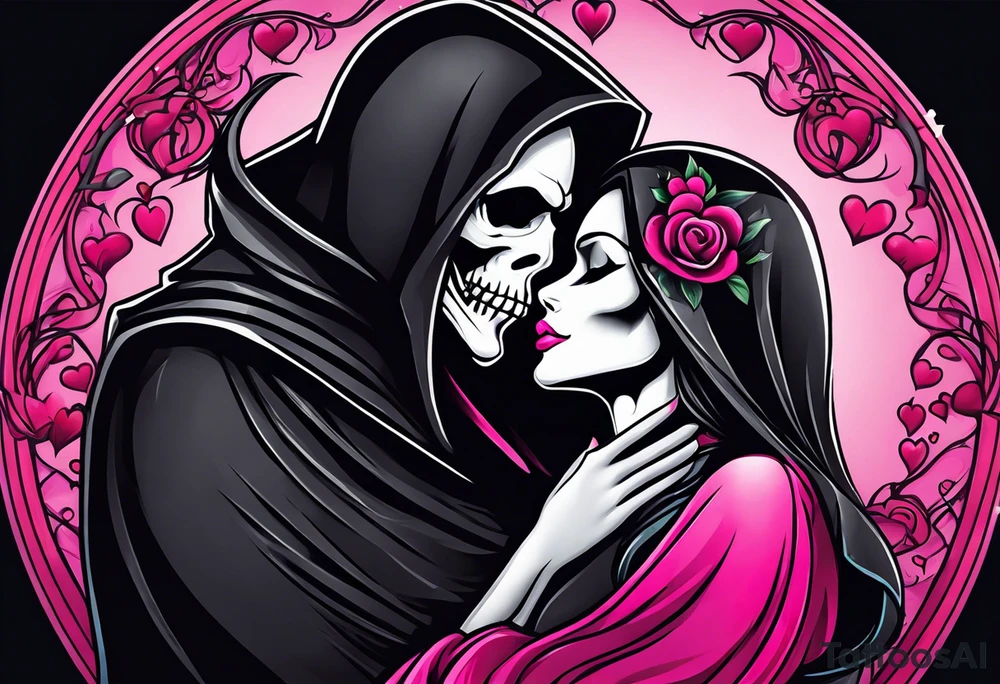 new school tattoo of a male grim reaper with black cloak kissing a female grim reaper in a bright pink cloak with small hearts in pink and red surrounding them tattoo idea